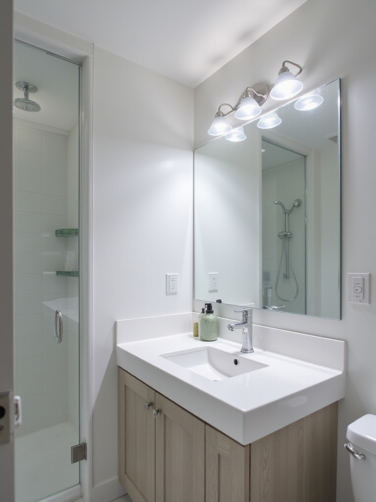 Modern bathroom featuring bright and energy-efficient LED lighting, including vanity lights above a sink and overhead ambient lighting.