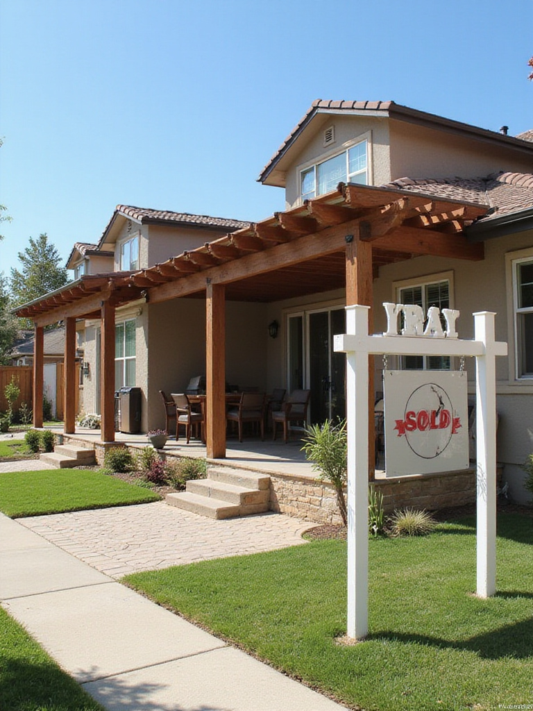 A beautiful home with a prominent patio pergola and a "SOLD" sign, illustrating its investment value.
