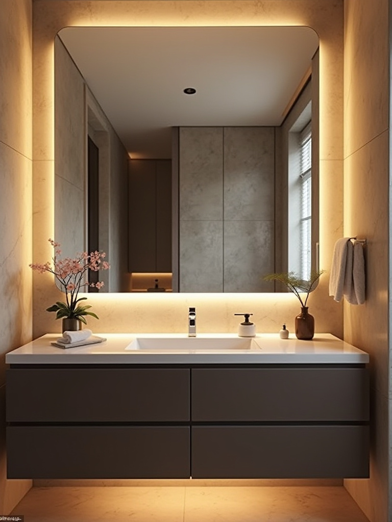Modern bathroom with a backlit mirror above a vanity, showcasing ambient and task lighting.