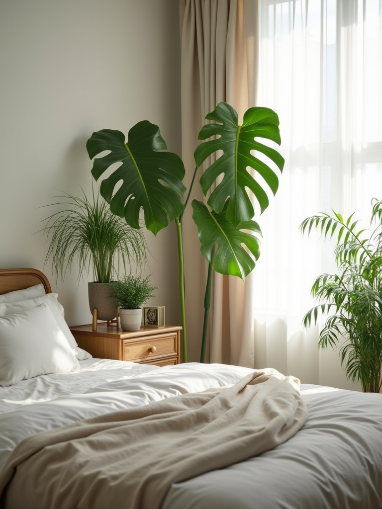 A serene bedroom with indoor plants, showcasing biophilic design elements.