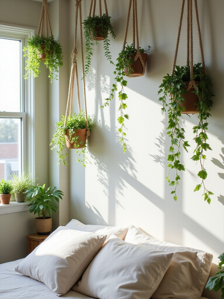 A small bedroom with hanging plants in macrame hangers, showcasing vertical greenery.
