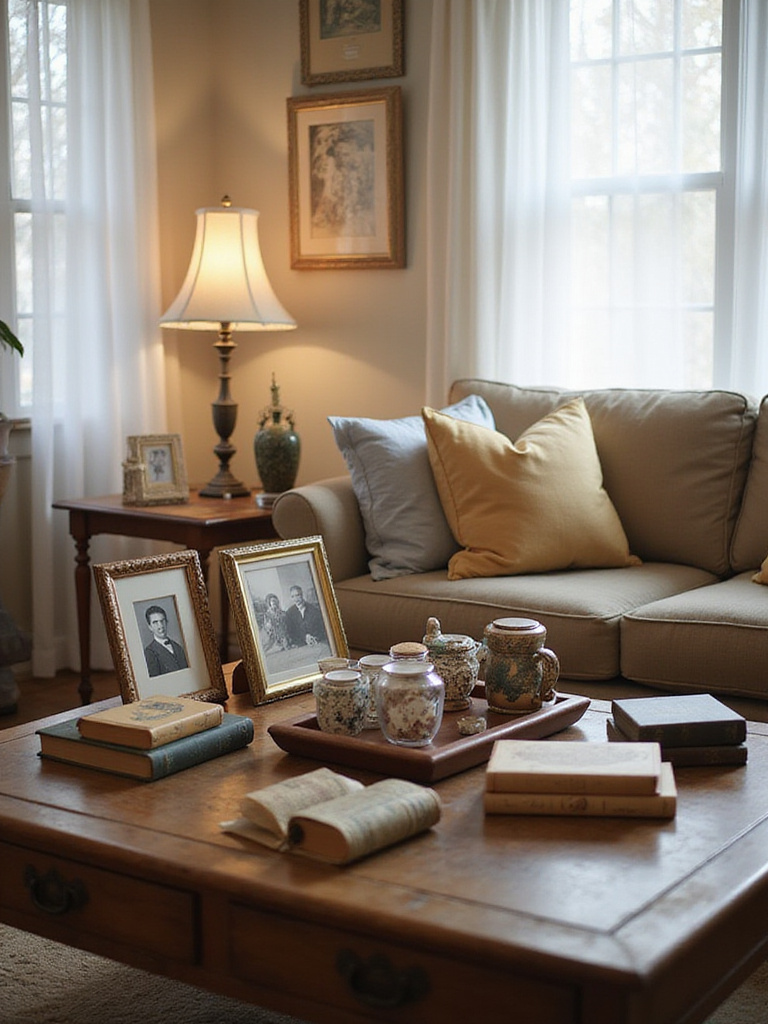 Cozy living room with personal mementos and keepsakes on display