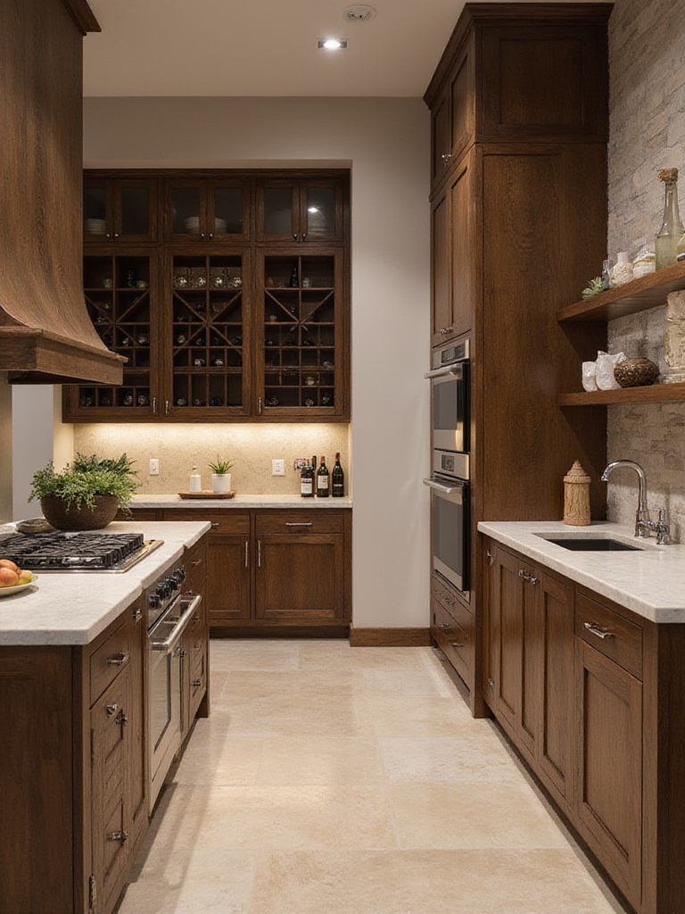 Luxurious kitchen interior with personalized design elements showcasing a coffee bar and baking station.