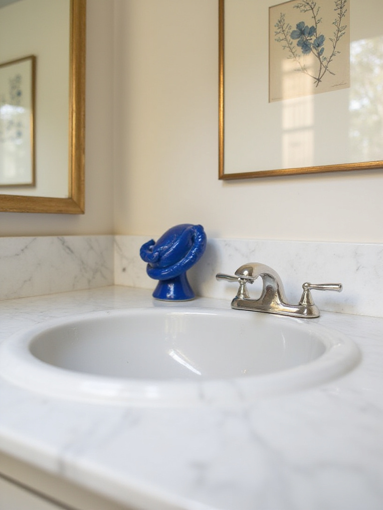 Elegant bathroom sink decor featuring a cobalt blue ceramic sculpture and framed botanical art.