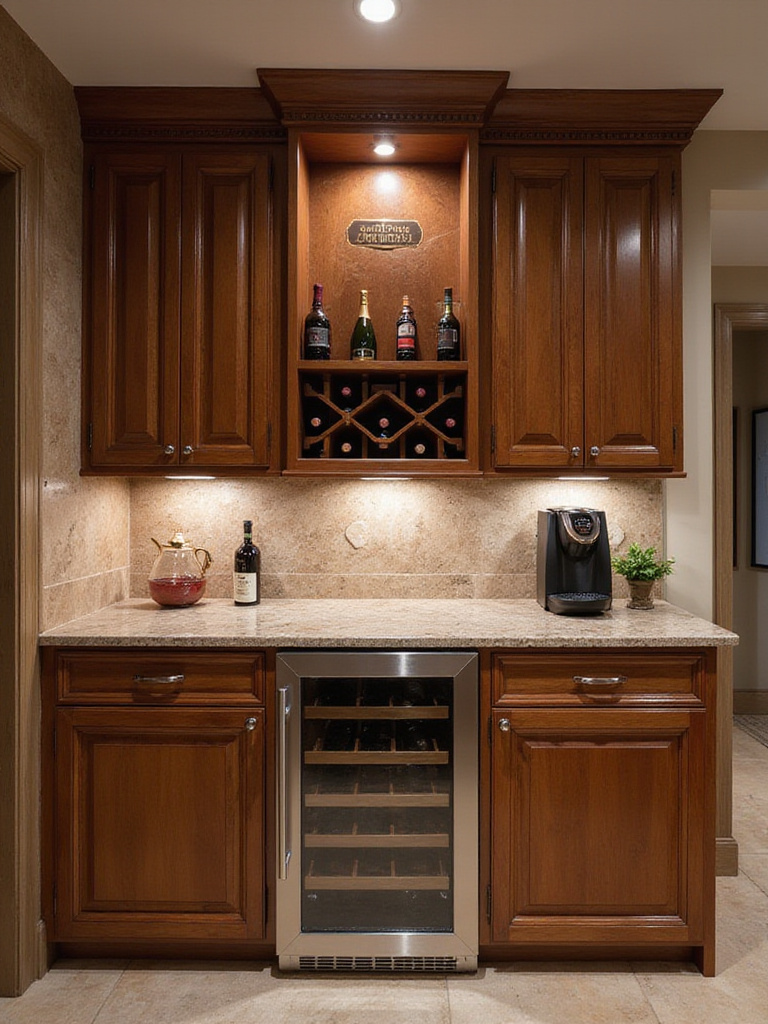 Luxurious kitchen featuring a bespoke wine bar and coffee station with elegant cabinetry and lighting.
