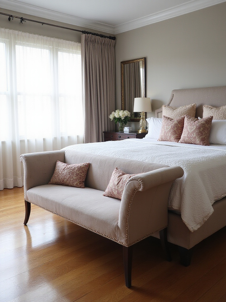 A chic velvet bench at the foot of a beautifully made king-sized bed in a stylish bedroom setting.