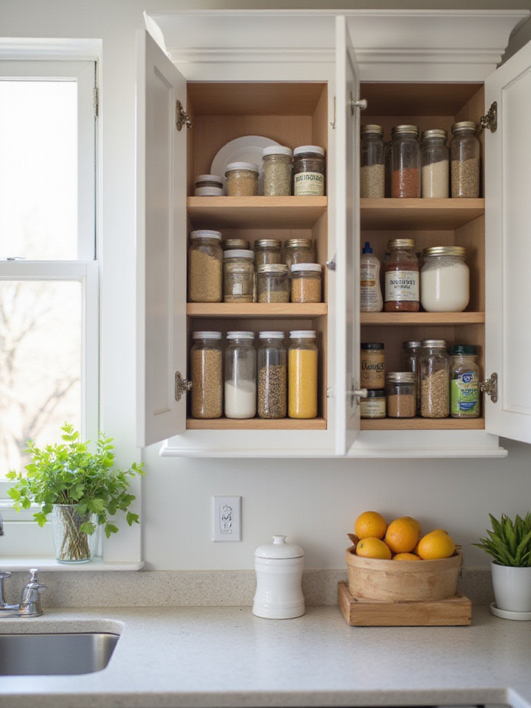 Organized kitchen cabinet featuring storage racks inside cabinet doors with spices and cleaning supplies.