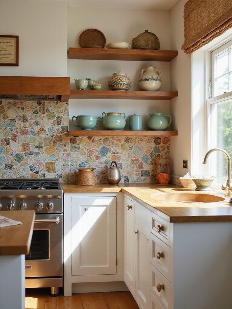 A kitchen with unique personal touches, including a custom backsplash and handcrafted pottery.