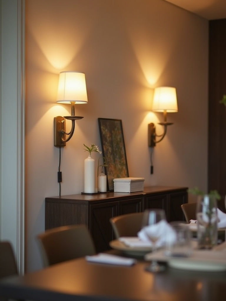 Elegant dining room with wall sconces providing warm ambient lighting