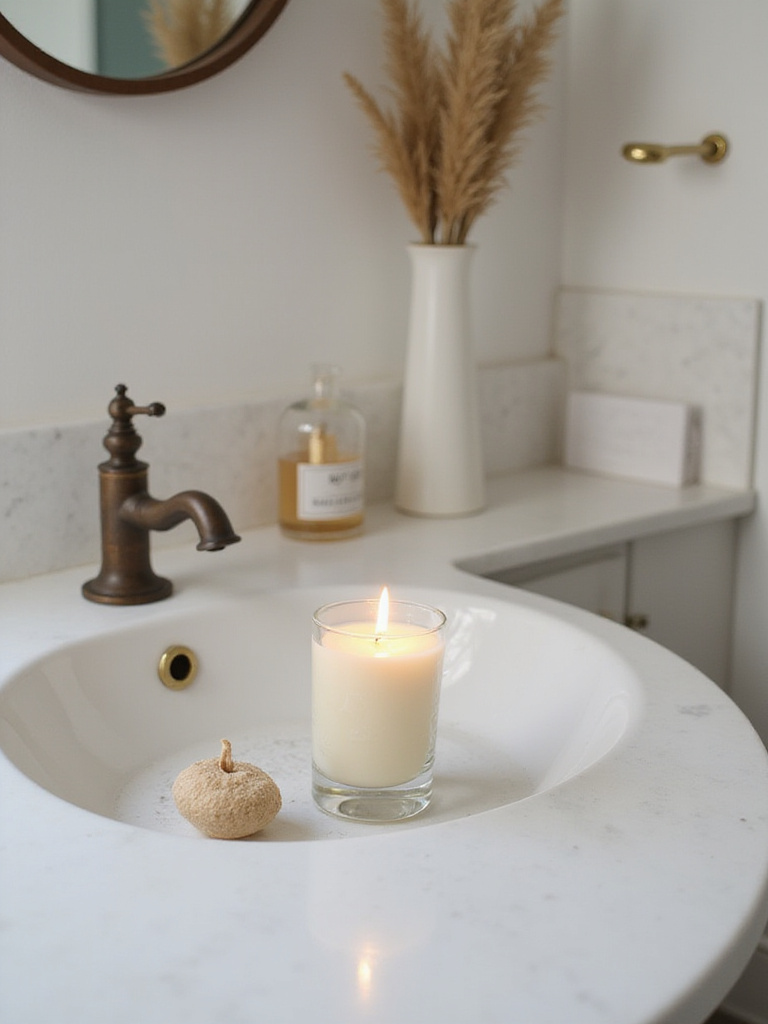 Bathroom sink area styled with a scented candle and diffuser
