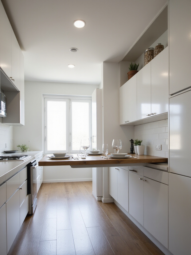 Modern kitchen showcasing a fold-down table for flexible dining space.