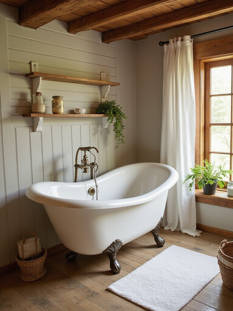 Vintage clawfoot tub in a rustic bathroom with wooden beams and warm lighting.