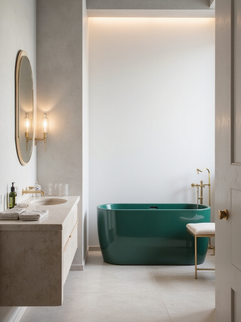 Modern bathroom with neutral colors and a bold emerald green accent tub.