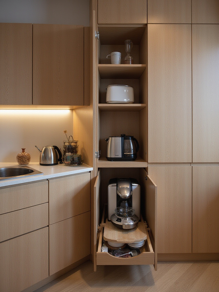 Modern kitchen with organized appliance garage and clear countertops