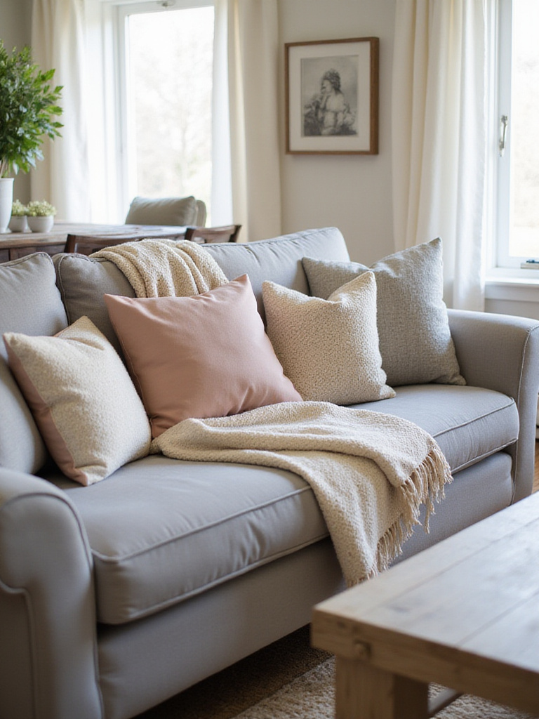 Styled living room with throw pillows and a blanket on a grey sofa