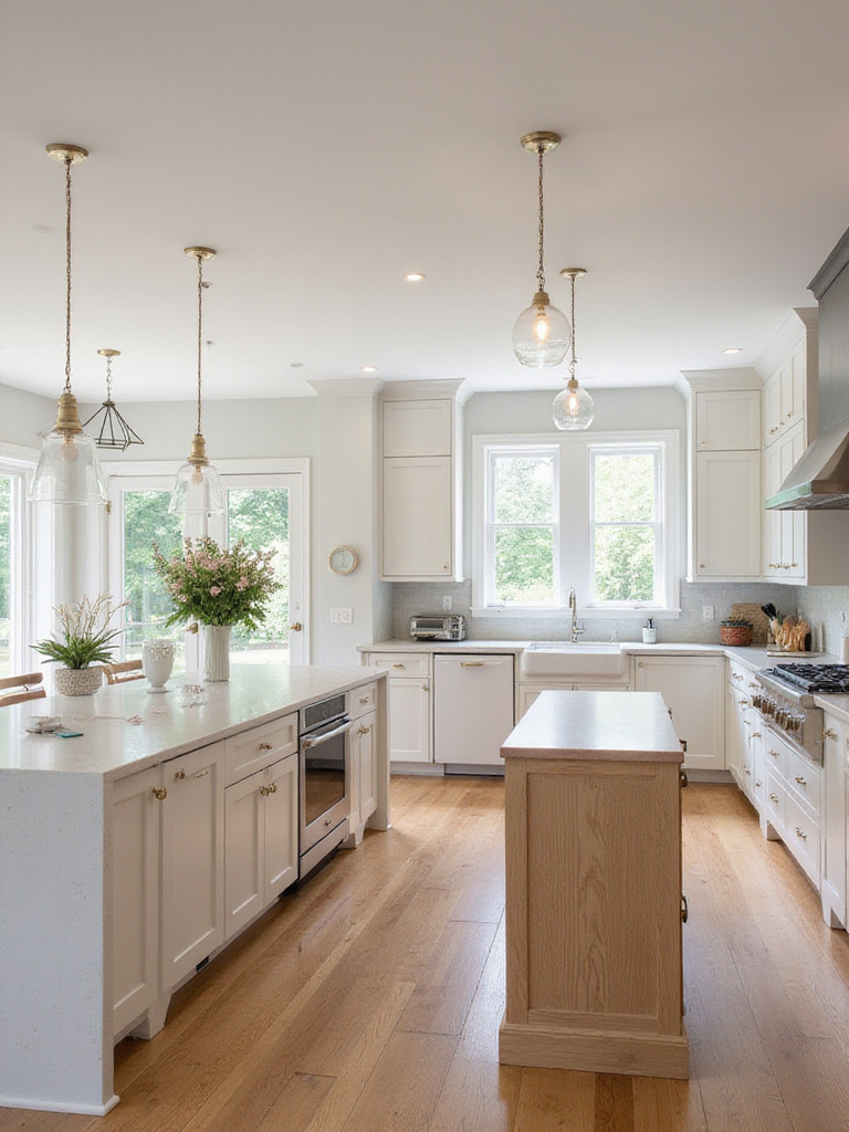 A beautifully designed kitchen interior showcasing modern farmhouse style with an oversized island and elegant cabinetry.