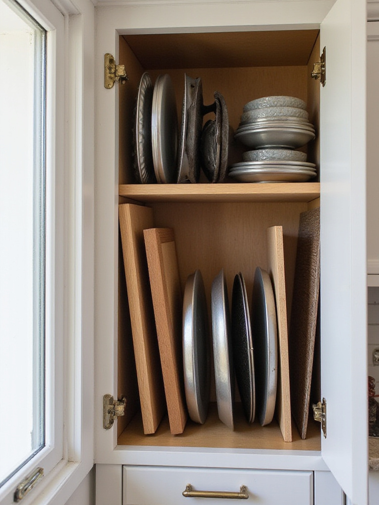 Organized kitchen cabinet with vertical bakeware storage including trays and boards.