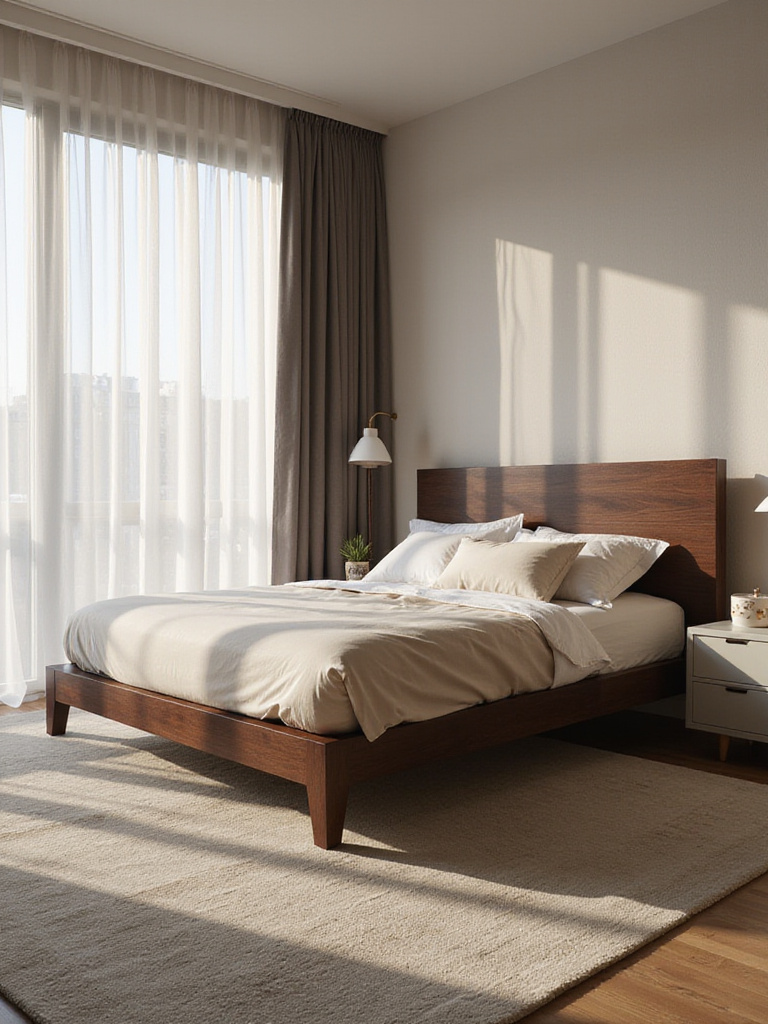 A serene bedroom with balanced visual weight between heavy and light elements, showcasing tranquility and harmony.