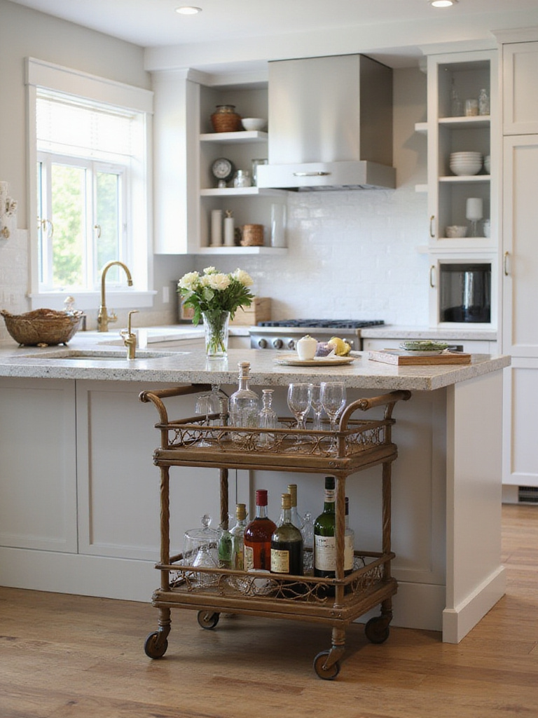 Stylish kitchen featuring a bar cart integrated with a kitchen island, showcasing a mobile entertaining hub.