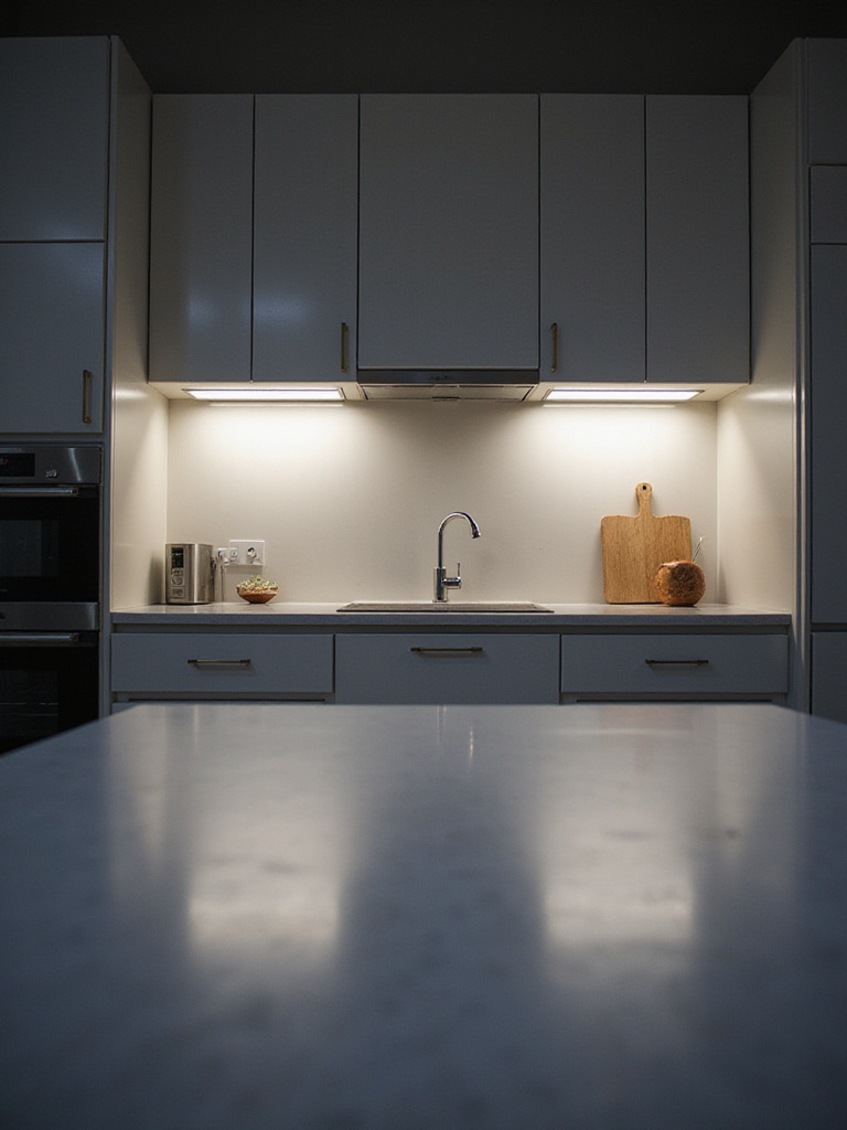 A modern kitchen with under-cabinet lighting illuminating the countertops.