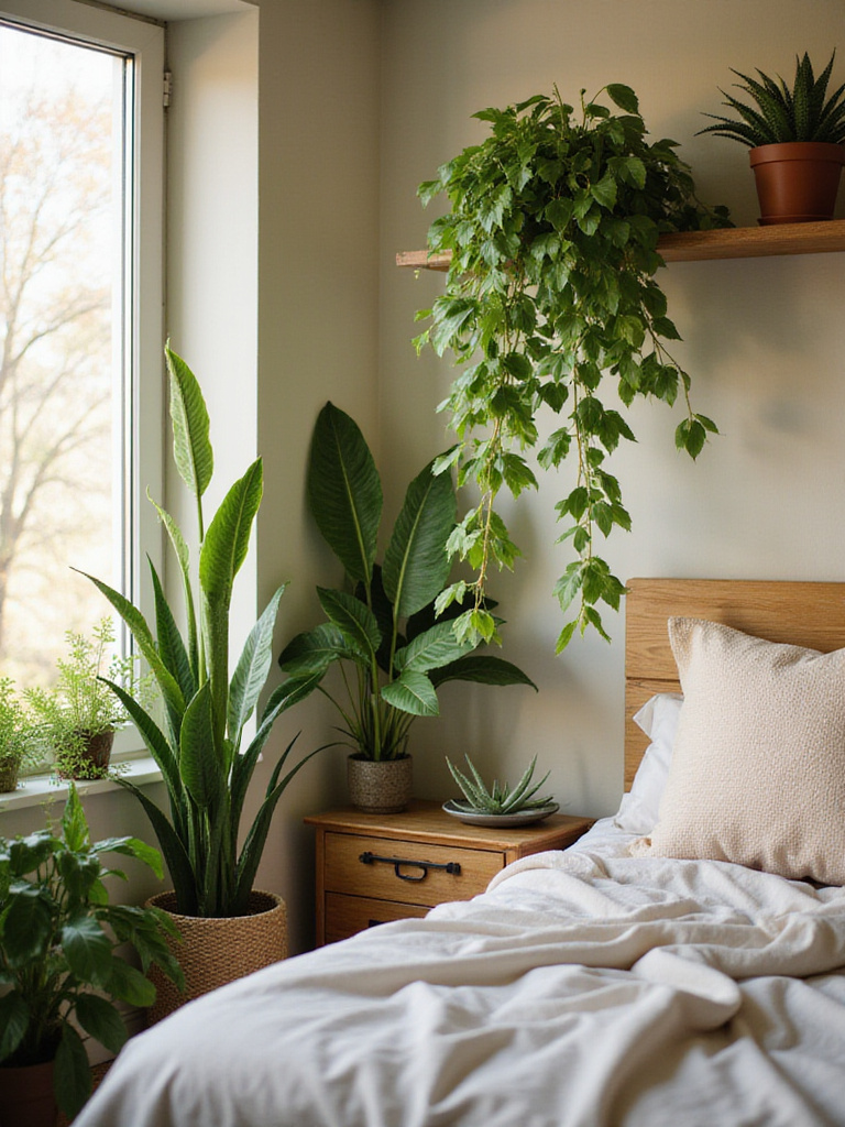 A serene bedroom with various indoor plants including Snake Plant and Pothos, creating a refreshing atmosphere.