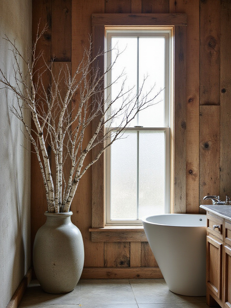 Rustic bathroom with natural branches in a floor vase