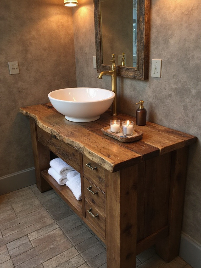 Custom rustic vanity made from reclaimed wood in a stylish bathroom setting