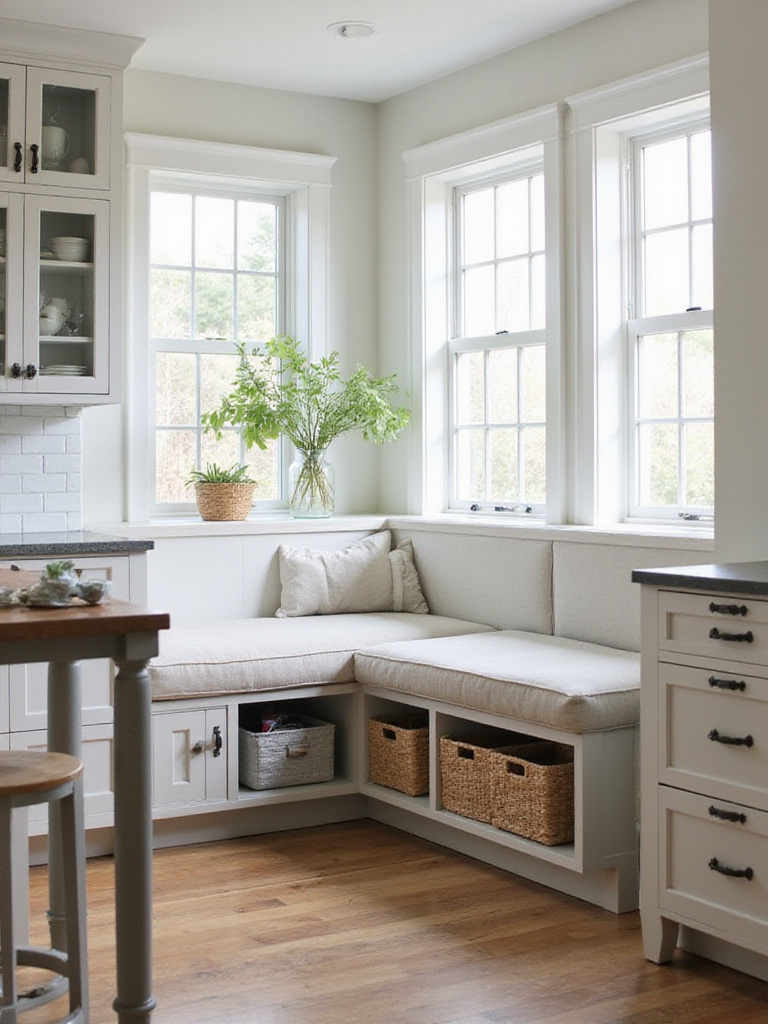 Modern kitchen featuring built-in bench seating with storage next to a kitchen island.