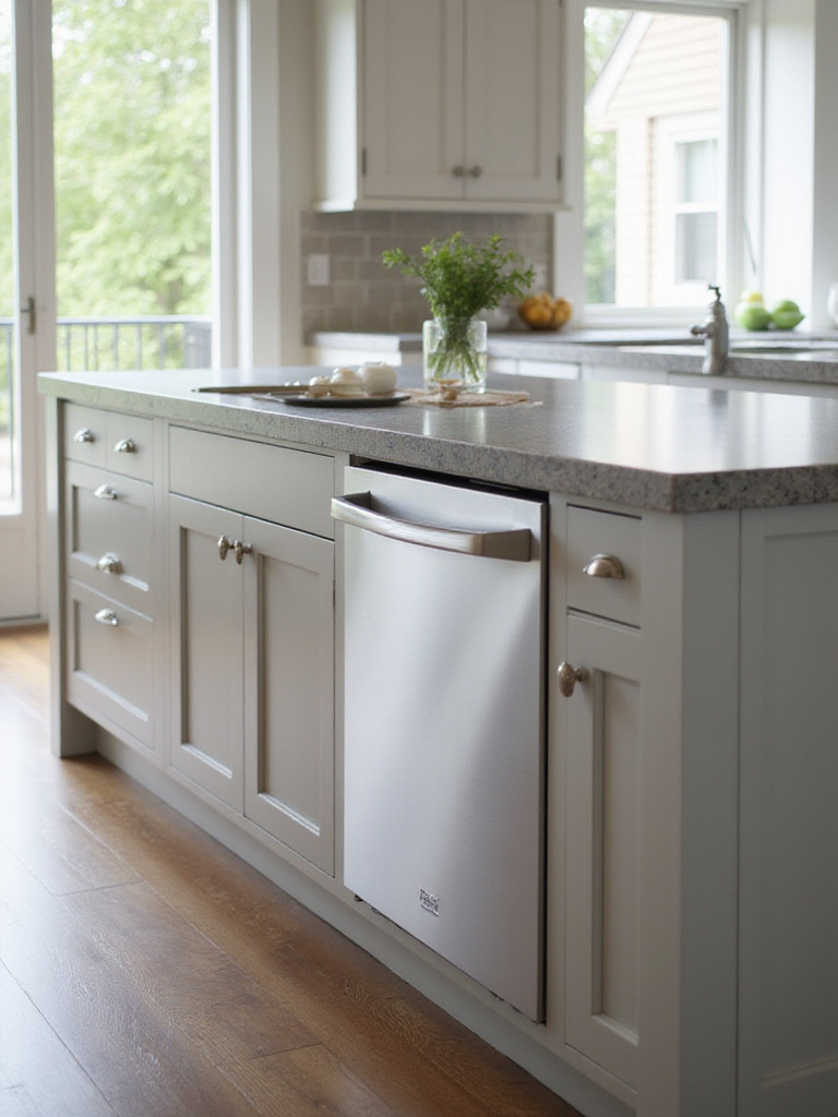 Modern kitchen island with integrated built-in dishwasher