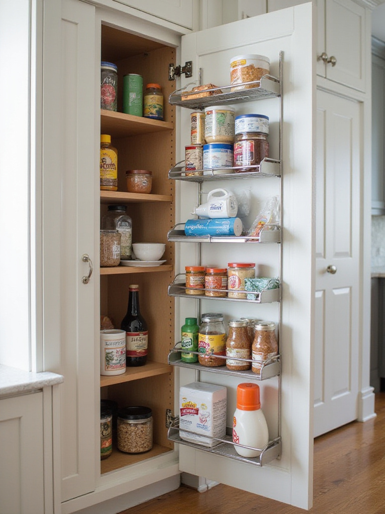 Organized kitchen cabinet door with racks for wraps and cleaning supplies