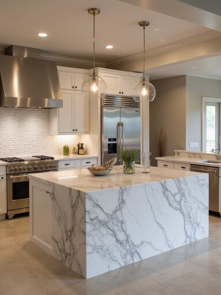 Luxury kitchen with quartzite island and stainless steel appliances