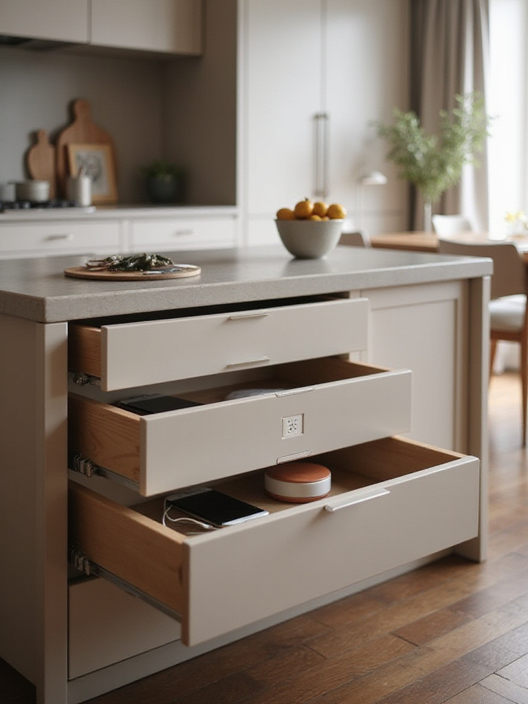 Modern kitchen island with integrated charging station drawers