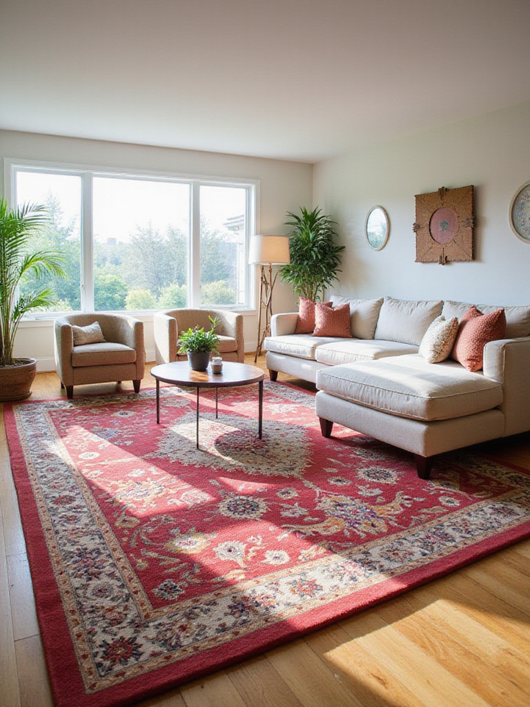 Living room with a large area rug anchoring the seating zone, showcasing a cozy and inviting design.