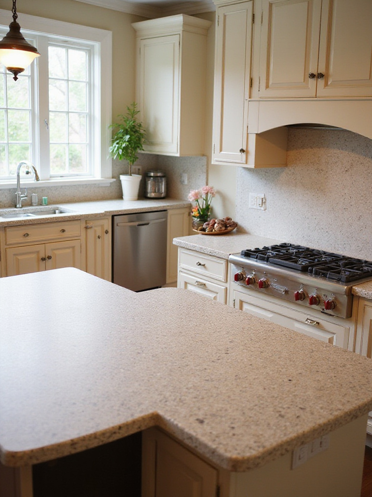 A stylish kitchen featuring various countertop materials like quartz and granite.