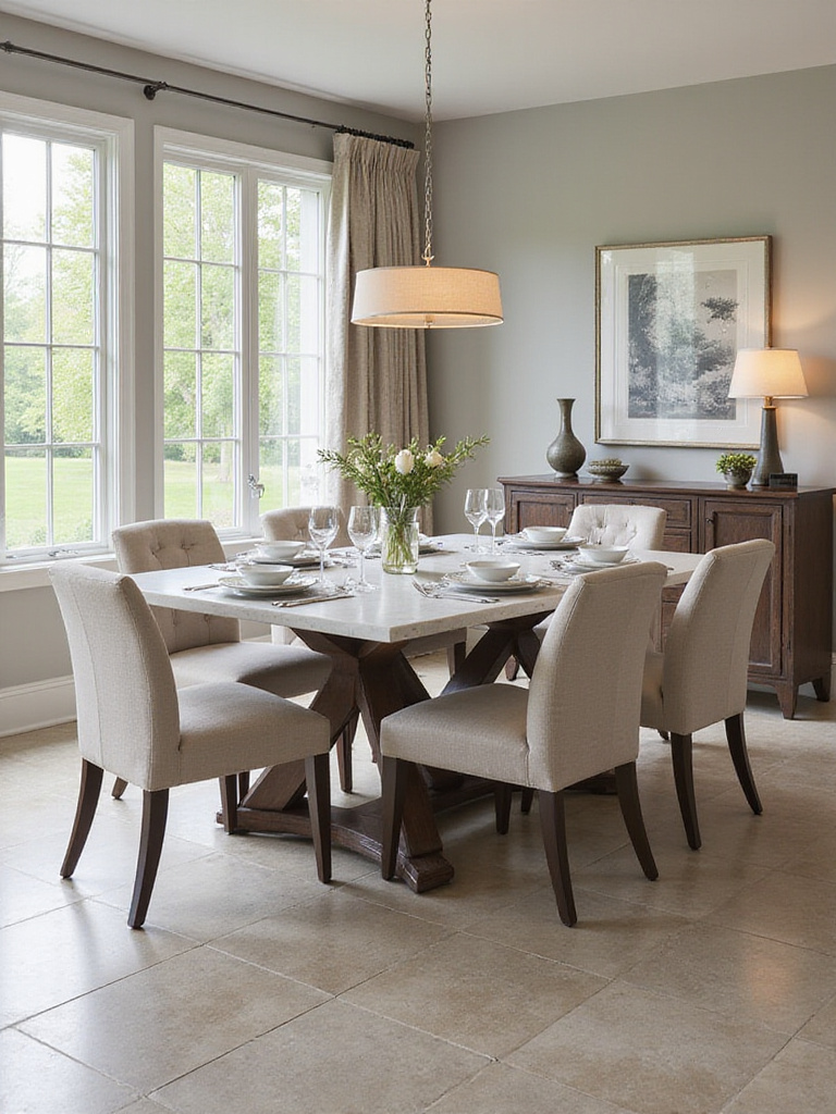 A stylish dining room featuring a durable quartz table and easy-to-clean upholstered chairs.