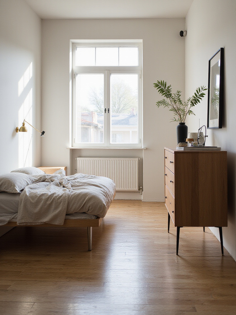 Cozy small bedroom with furniture featuring slim, elevated legs