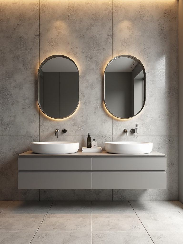 Contemporary bathroom with a textured accent wall and floating vanity
