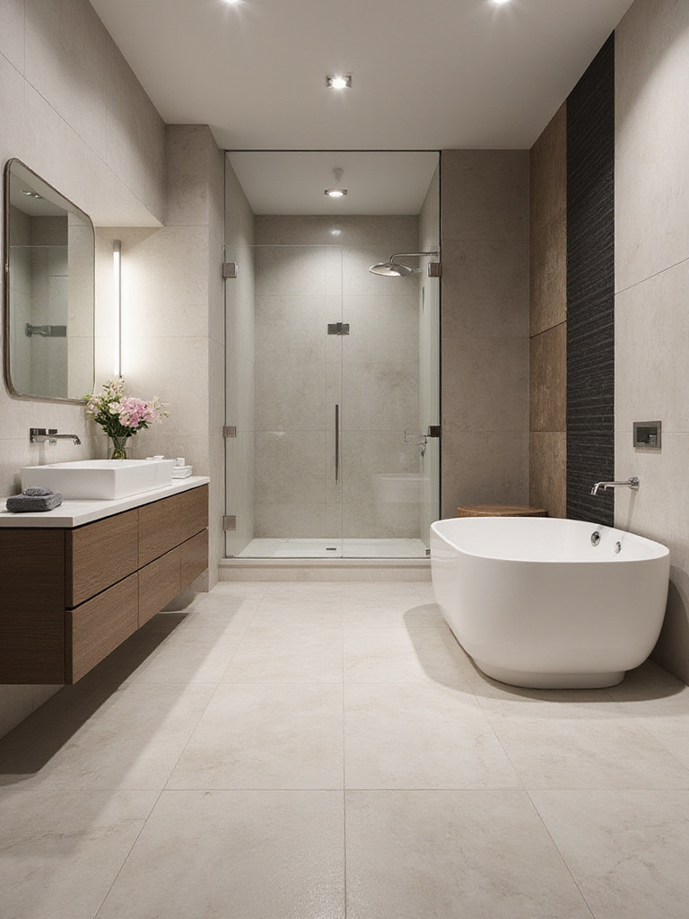Modern bathroom with large-format tiles creating an expansive visual effect.