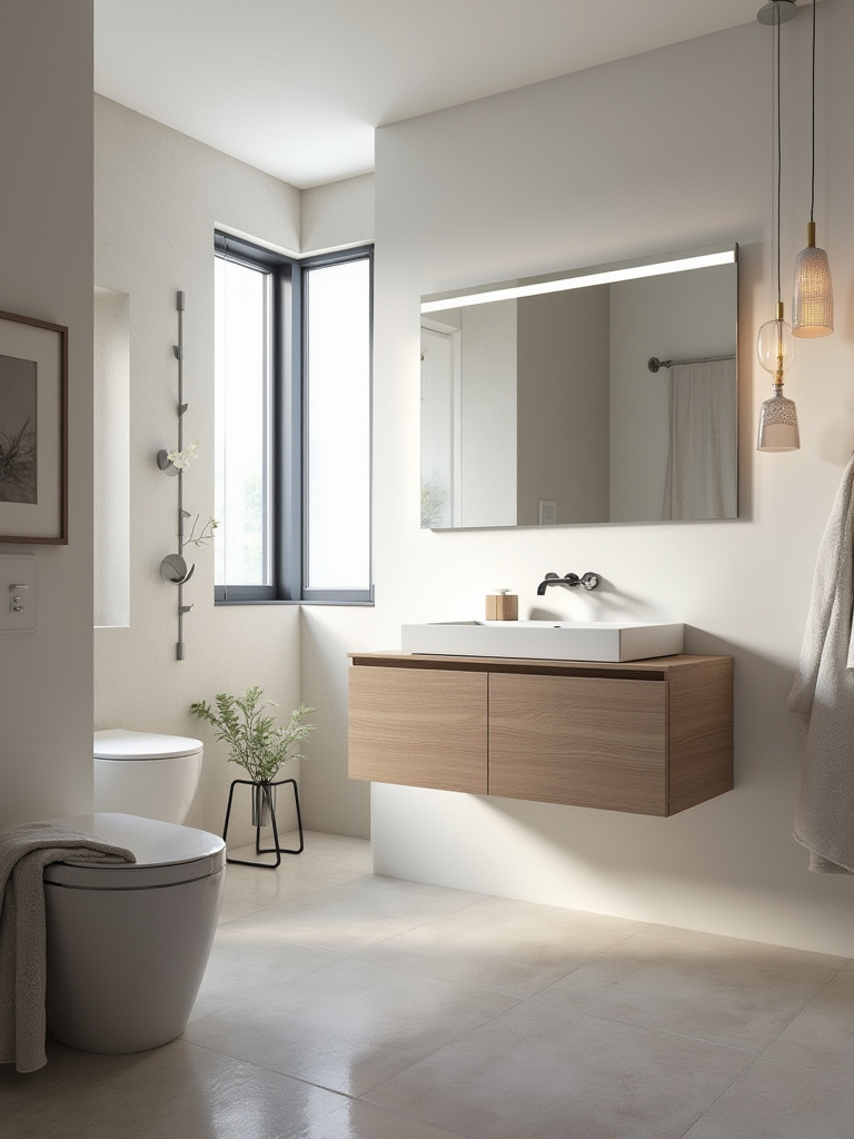 Contemporary bathroom featuring a sleek floating vanity with natural lighting