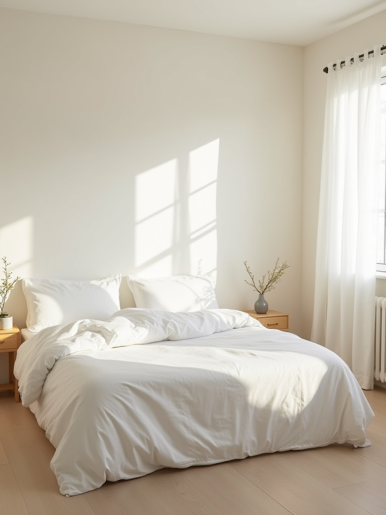A small bedroom with a light color palette featuring off-white walls and light oak furniture.