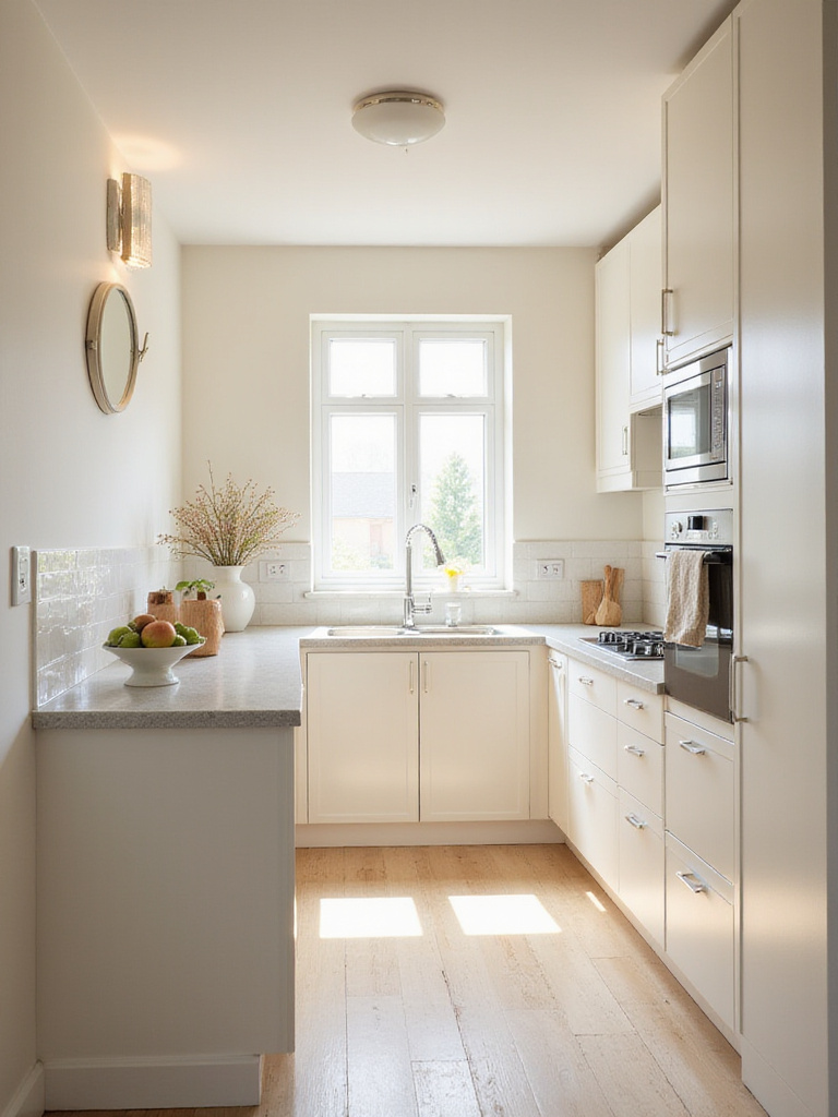 A bright and airy kitchen designed with light colors to visually expand the space.