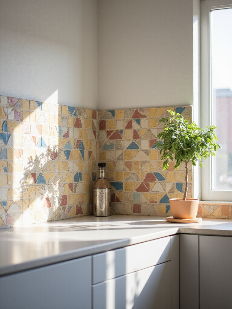 Modern kitchen with a colorful geometric tile backsplash and sleek countertop.