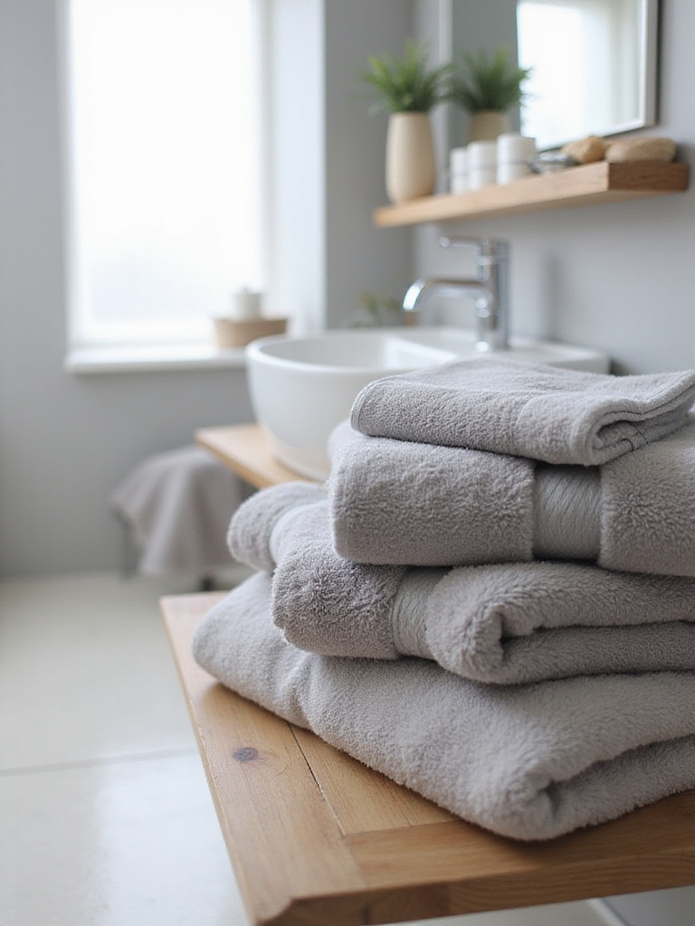 Modern bathroom scene with plush, monochromatic towels stacked on a shelf.