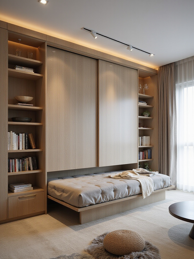 A stylish bedroom featuring multi-functional furniture with a wall-mounted Murphy bed and integrated storage.