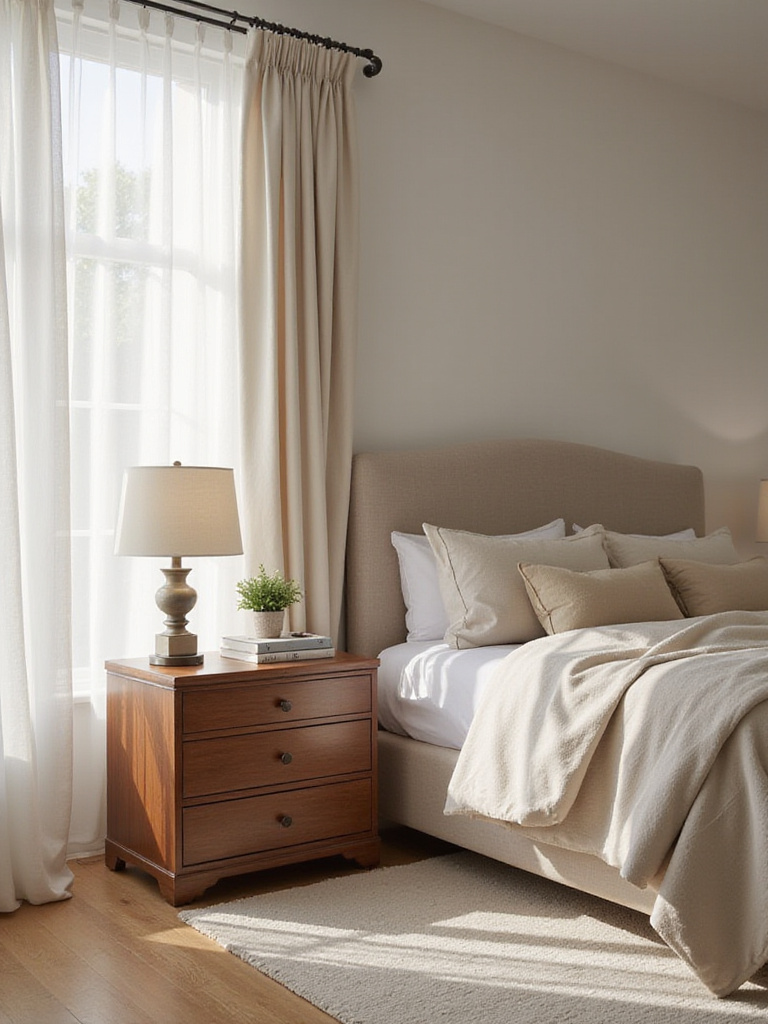 Elegant nightstands with decorative items in a stylish bedroom setting.