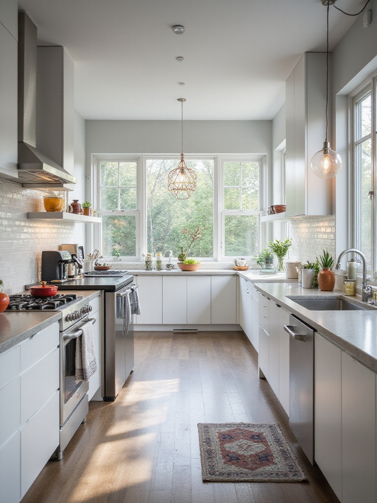 Modern kitchen with efficient layout showcasing work triangle and smart storage solutions.