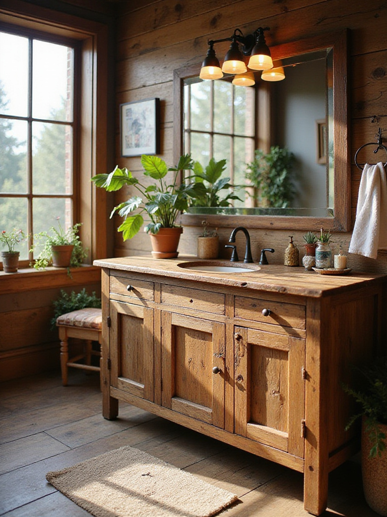 Rustic bathroom featuring a reclaimed wood vanity with warm lighting and vintage decor.