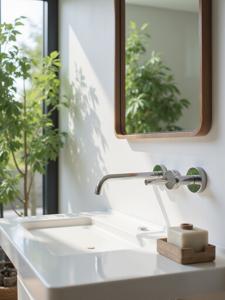 Modern bathroom with sleek wall-mounted faucet above a minimalist sink.