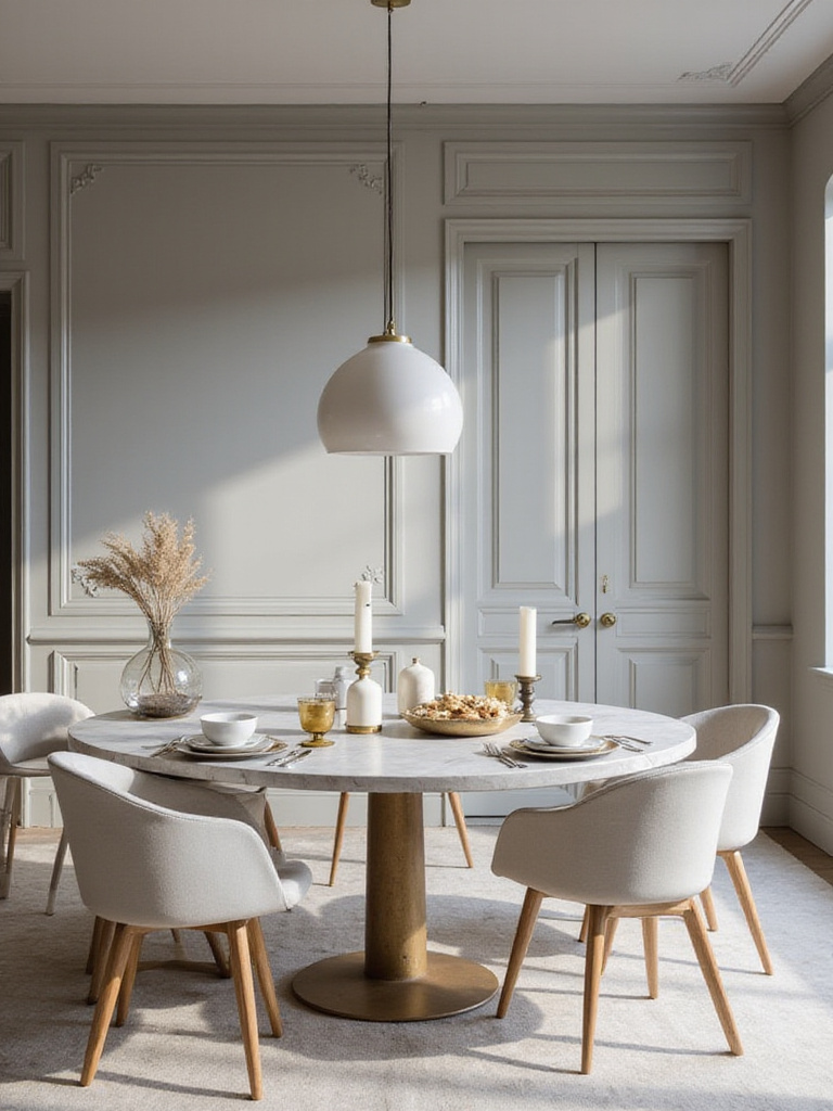 A tranquil dining room showcasing a cohesive color palette with soft gray walls and elegant decor.