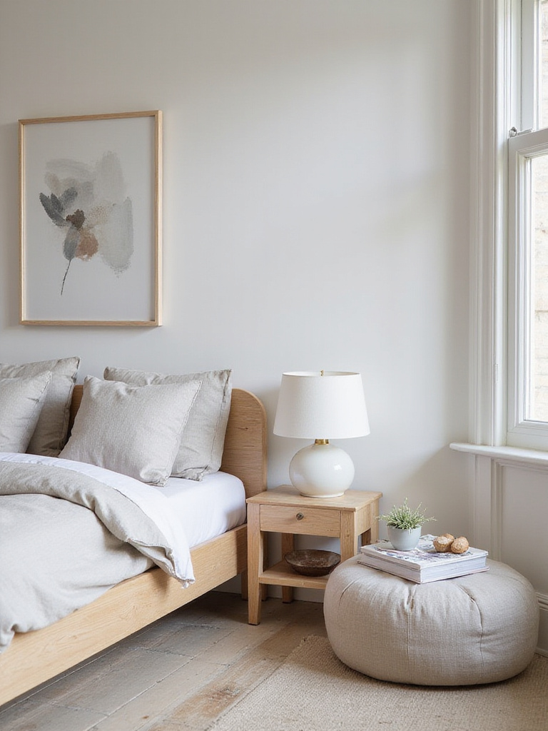 Cohesive style bedroom decor featuring light oak bed and natural linen bedding.